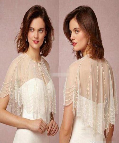 

luxury white ivory wedding bridal wrap jacket crew neck with trickling pearl capelet custom made sheer tulle wrap for bride 694928