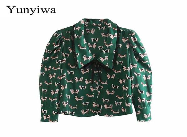 

women sweet peter pan collar bow tied casual blouse office lady peppy dog print chic shirts femininas autumn blusas 8083360, White