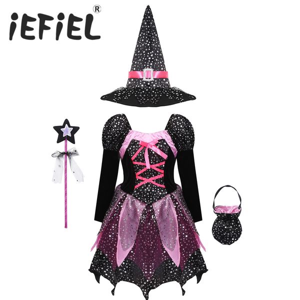 

special occasions kid girls halloween witch costume sparkly silver stars printed carnival cosplay dress with pointed hat wand up clothes 230, Blue