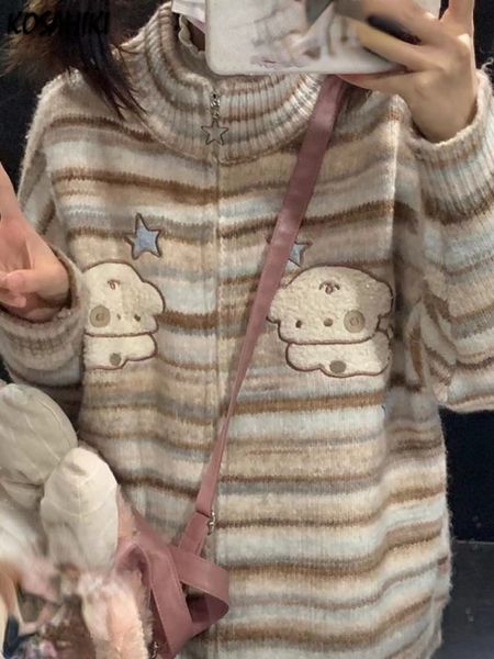 

women's knits tees y2k aesthetic japanese knit cardigan kawaii dog embroidery harajuku femme striped preppy autumn zipper cardigany wom, White
