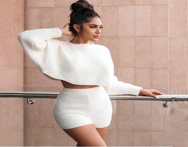 

women039s tracksuits women autumn winter jogging warm two piece set knit outfit sweater pullover jumpers shorts 2pc crop t4825965, Gray