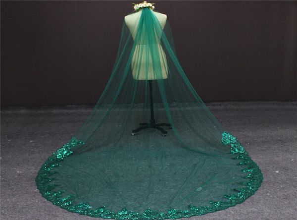 

gorgeous green wedding veil bling sequined lace single layer partial laced bridal veil with comb4766303, Black