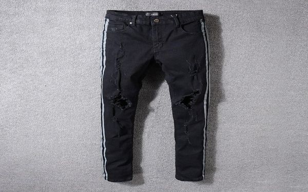 

mens hole side strip skinny black jeans designer distressed badge slim fit motorcycle biker ripped beggar hip hop denim pants 53328155390, Blue