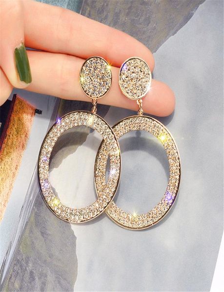 

shining circle luxury drop hoop earrings precision inlay gold silver color rhinestone earring for women wedding party jewelry7026981, Golden;silver