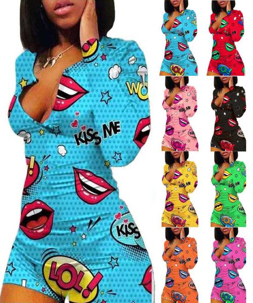 

2020 women long sleeve cartoon lips print jumpsuit fashion skinny pullover comfortable slim pajama vneck rompers homewear4561013, Black;white