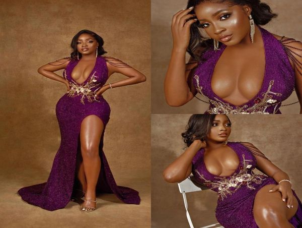 

sparkly purple split mermaid evening dresses sheer v neck floor length appliqued beaded formal prom party second reception special5468454, Black;red