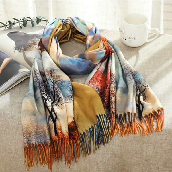 

scarves fashion 3d oil painting cashmere scarf women winter warm van gogh painting tassel scarves designer luxury long print wraps shawl 230, Blue;gray