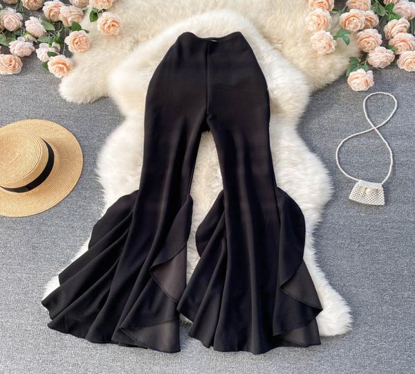 

women flare pants high waist wide ruffle leg wave lotus leaf pants bell bottoms trousers3754953, Black;white