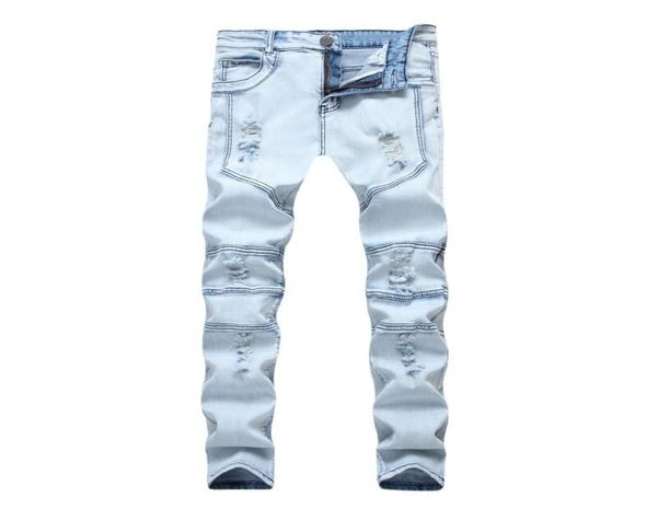 

casual fit hommes cowboys trousers fashion male wash ripped holes light blue feet slim stretch jeans male spliced denim pants5535056