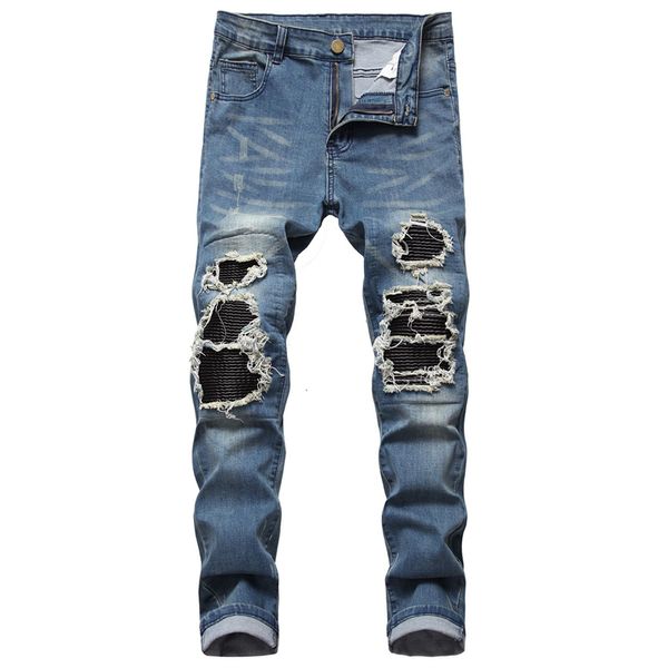 

high street ripped black abundance slim-fit jeans men's leather stretch men's trousers designer jeans mens denim pants fashion tro, Blue