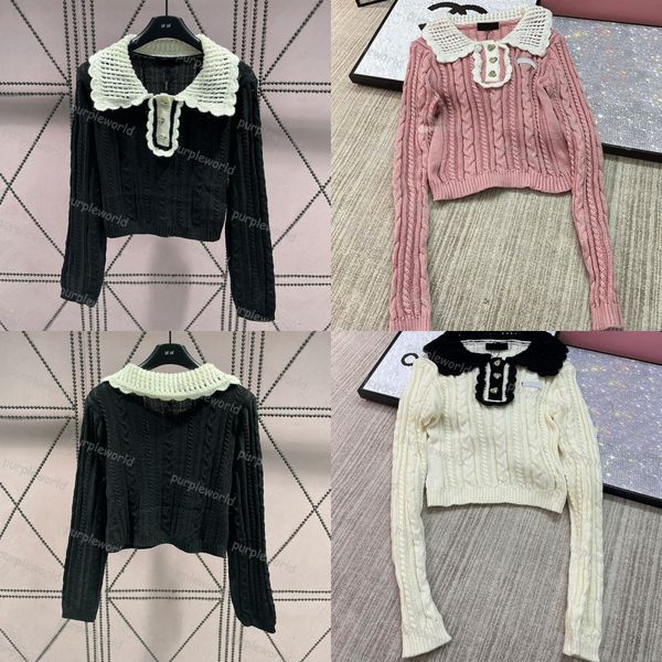 

womens designer knitted three dimensional pattern lapel long sleeve knitted sweater autumn winter sweater, White