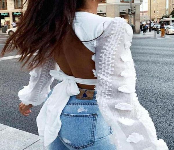 

spring new women lace puff sleeve bandage crop blouse deep vneck ladies shirts solid black white blouses 18902999