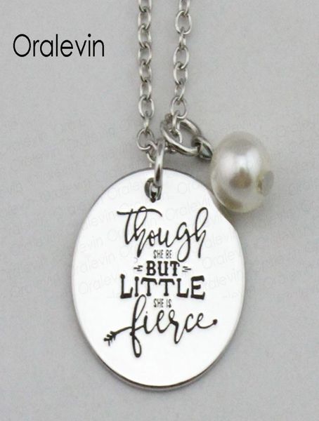 

though she be but little she is fierce inspirational hand stamped engraved charm pendant necklace metal stamped jewelry10pcslot6723638, Silver