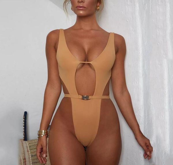 

high leg cut one piece swimsuit women waist buckle belt swimwear female 2020 brazilian bathing suit thong monokini bodysuit8077022, White;black