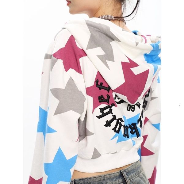 

womens jackets y2k printed star women jacket american girl double zipper short sweater hooded coat harajuku sweatshirt zip hoodie 230810, Black;brown