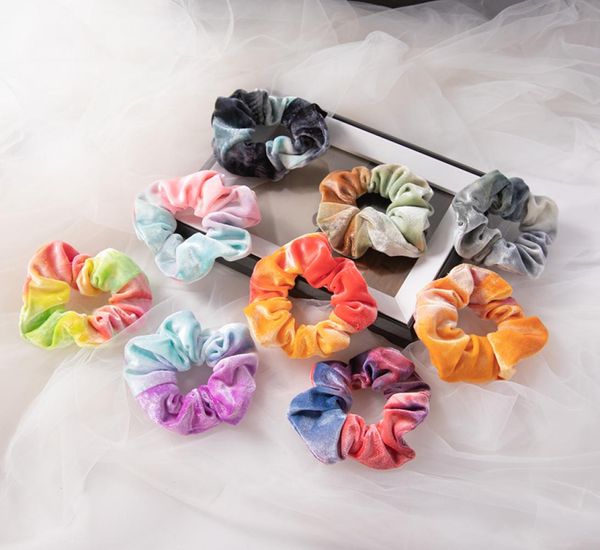 

women elastic headropes rainbow soft velvet scrunchies tiedye hairring rubber band rope hair accessories 9 colors5925670, Slivery;white