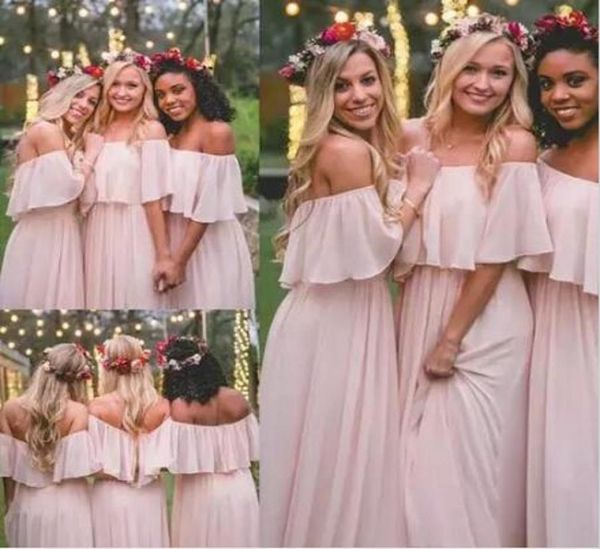 

new chiffon long bridesmaid dresses elegant pink off the shoulder beach bohemian maid of honor wedding party plus size prom gown b1226538, White;pink