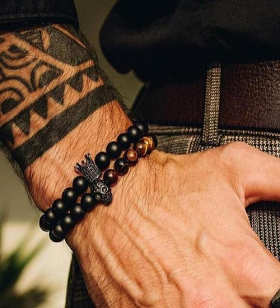 

natural stone beaded mens bracelet 2pcsset fashion crown skull charm pulseras masculina jewelry women bracelets6540795, Golden;silver