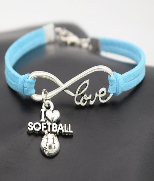 

punk sport i love softball bracelet boho wrap suede leather bracelet antique silver infinity love charm bracelet women men jewelry6896471, Golden;silver