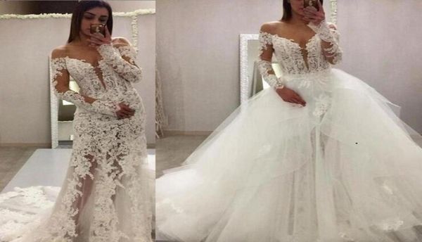

glamorous 2019 sheer lace two pieces wedding dresses mermaid long sleeve sweep train with detachable train custom made bridal part6251434, White