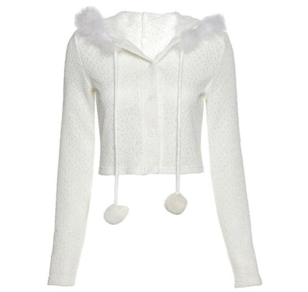 

women autumn long sleeve hoodie cardigan fluffy plush patchwork pompom drawstring sweater coat solid color slim white crop q1fa wo9123028, Black;brown