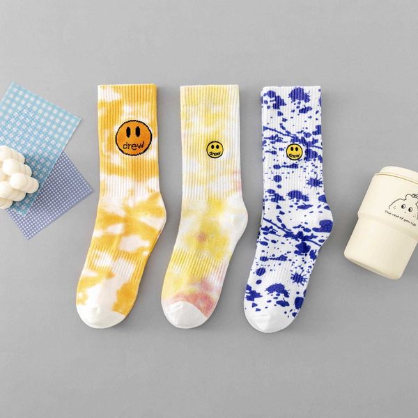 

drew smiling face tie dye style speckled ink socks personalized trend for men and women couples ins style sports street skateboarding socks, Black;white