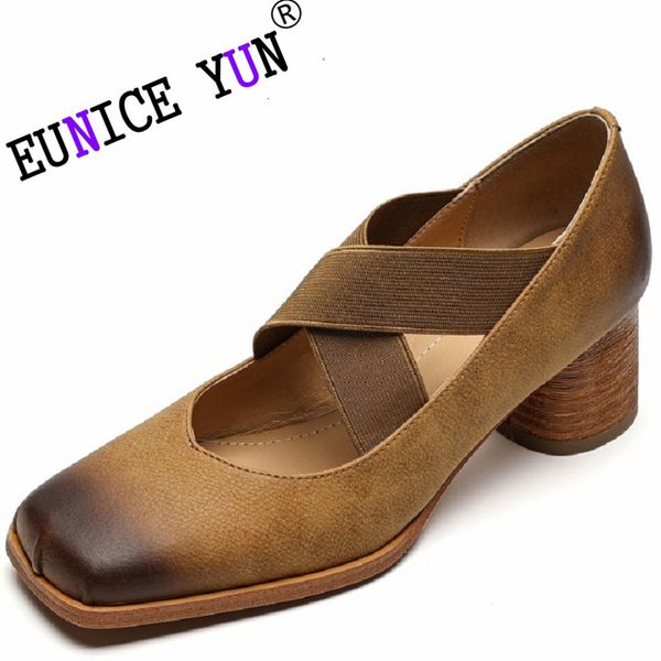 

sandals brand genuine leather slip on vintage women ballet heels square toe ladies retro crosstied daily walk shoes 3340 230809, Black
