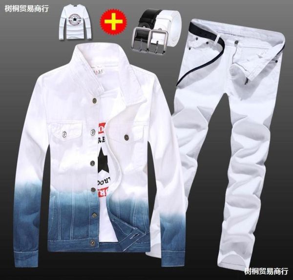 

men039s tracksuits 4pcs fashion mixed color denim jacket jeans pants with shirtbelt casual style for male boys slim fit 20218717636329426, Gray