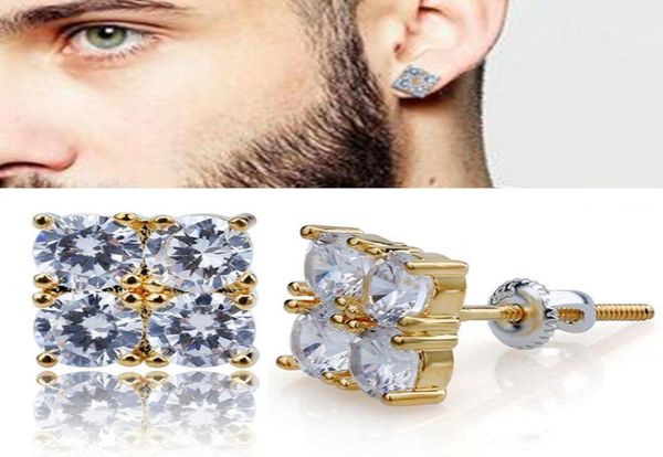 

18k gold hip hop 4 cubic zirconias square stud earrings 08 cm for men women girls diamond earrings studs punk rock rapper jewelry8319629, Golden;silver