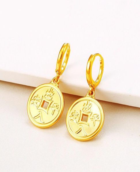 

603e chinese coins lucky jewelry drop earrings for women 24k pure gold color no stone good triditional chinese word1939338, Silver