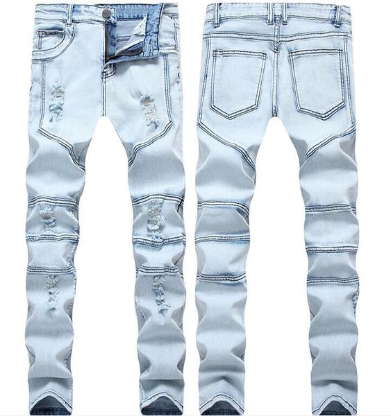 

high street fashion men039s light blue personality stitching ripped jeans straight leg men039s stretch slim pants8556249
