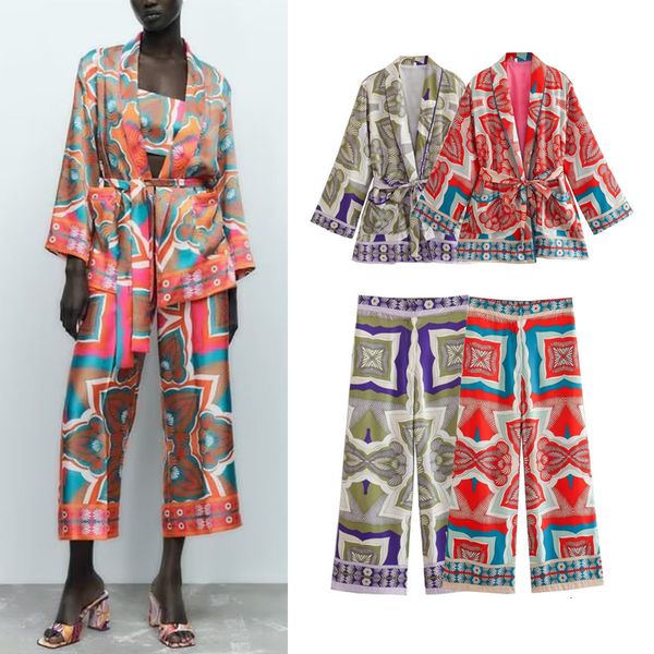 

womens two piece pants traf clothing 2pc set summer satin printed kimono coat chic office lady straight high waist trousers 230810, White