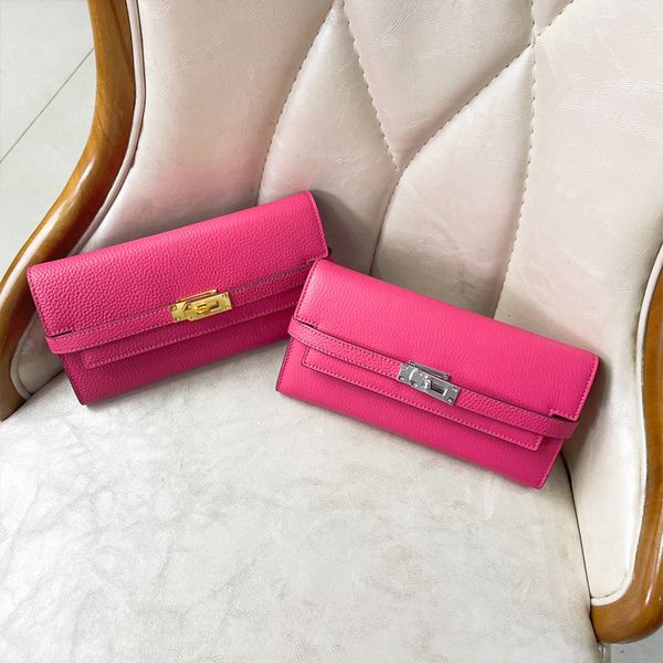 

litchi patterned wallet women clutch bag handbag cowhide hardware buckle fashion letter 10 slots zipper inner pocket genuine leather coin pu