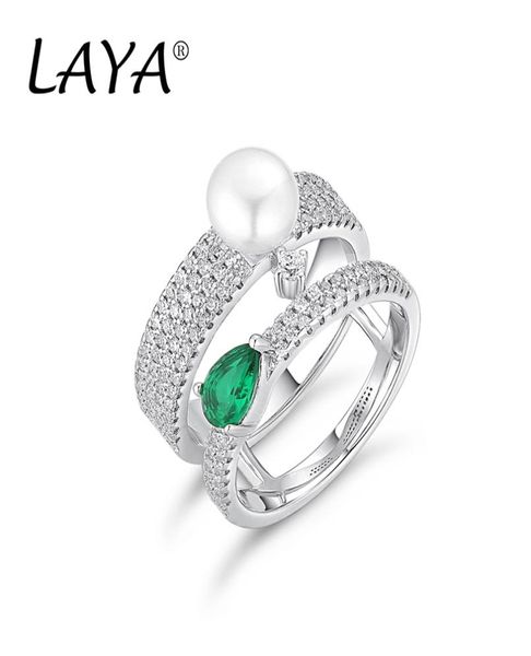 

laya 925 sterling silver cluster ring for women double line zircon natural freshwater pearl green nano wedding party 1722006, Golden;silver