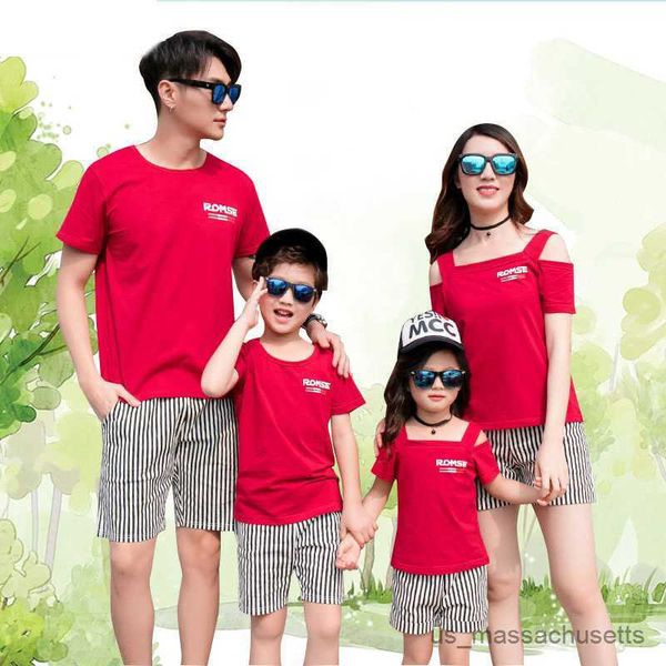 

family matching outfits summer matching family outfits dad mum son daughter red off-shoulder t-shirt+striped shorts family matching clothes, Blue