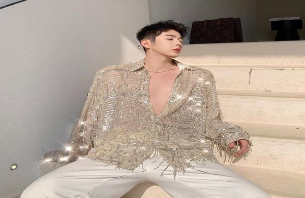 

men039s casual shirts 2022 spring autumn product irregular sequin tassel shirt niche streetwear fashion long sleeve men39s t5471443, White;black