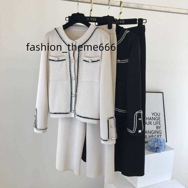 

women's two piece pants 2023 autumn korean color block round neck double pocket knit cardigan loose wide leg two-piece set women, White