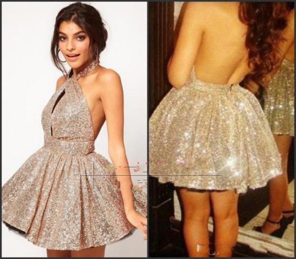 

sparkling backless cocktail dresses halter sequins backless mini short ball gown shiny prom homecoming gowns 077165, Black