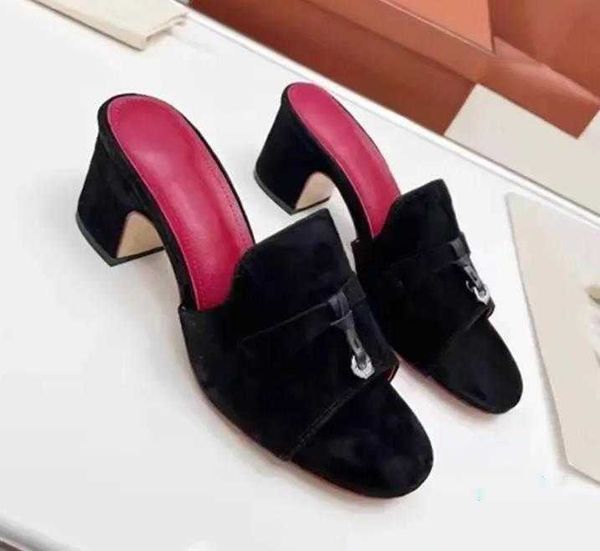 

khaki mid heel slippers women's metal decor flip-flops open toe mules summer walk holiday casual beach women2023, Black