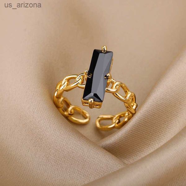 

black zircon rings for women open adjustable stainless steel chains finger ring 2023 trend wedding jewelry gift anillos mujer l230620, Silver