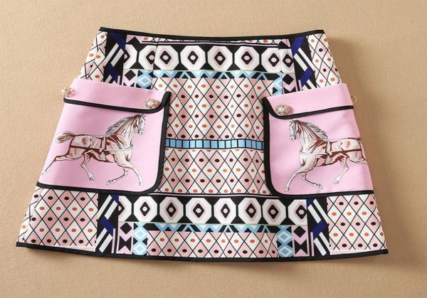 

2022 spring summer high waist elegant pink horse print beaded pockets kneelength aline fashion skirt 21o3010202775080, Black