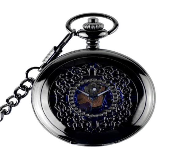 

pocket watches antique skeleton blue roman numerals dial black case mechanical hand wind long fob chain clock men watchpocket9459184, Slivery;golden