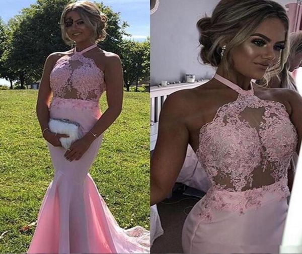 

new mermaid pink prom dresses halter neck appliques beaded party gowns long satin girls formal evening dresses7762237, Black