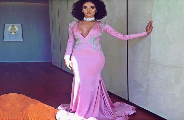 

2018 pink evening dresses deep vneck long sleeves prom gowns back zipper sheath sweep train custom made formal party gowns with a2501171, Black;red