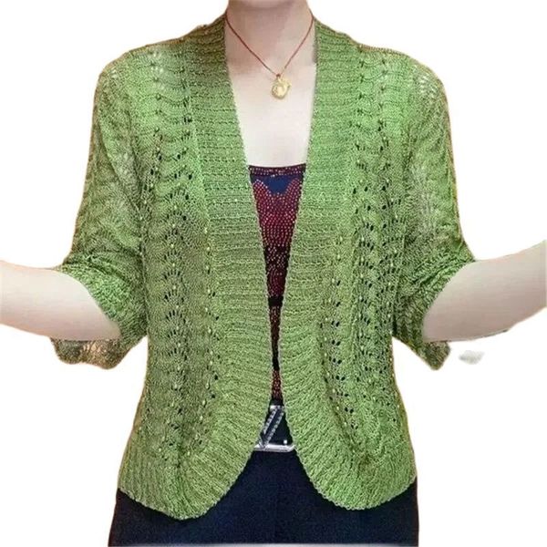 

women's knits tees spring summer ice silk knit cardigan middle aged elderly mothers with beading joker solid color shawl hollow sunscre, White