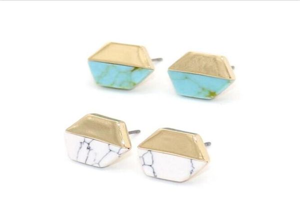 

fashion natural turquoise stone stud earrings green white hexagon earring for women jewelry gift 833010, Golden;silver