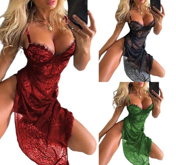 

women039s sleepwear women summer dresses 2pcs lingerie set solid sling floral lace deep vneck dress low cut mini gstring5888838, Black;red