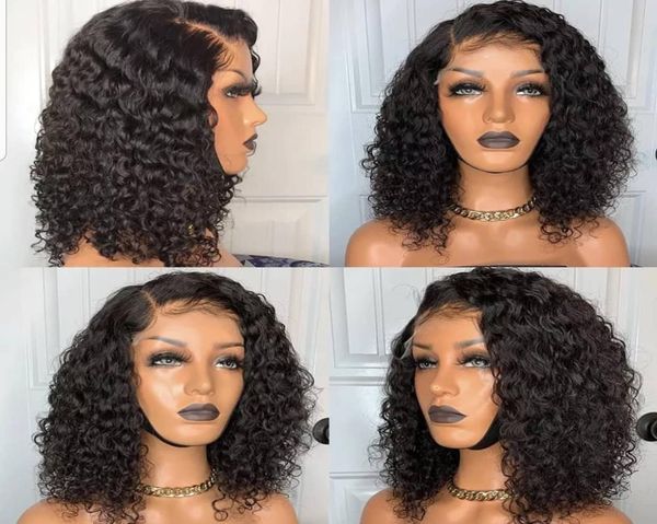 

13x4 lace human hair wigs short curly bob curly brazilian 4x4 pre plucked deep wave 5x56780226, Black