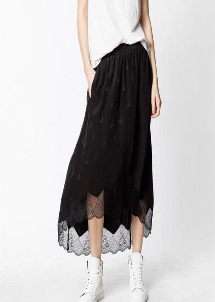 

spring summer women irregular silk skirt lace hem violin jacquard elastic waist female midi jupe ladies long skirts6668793, Black