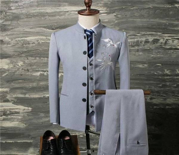 

men suit coat vest pants fashion chinese retro style wedding groom suit stand collar classic men dress blazers jacket trousers x091387510, White;black